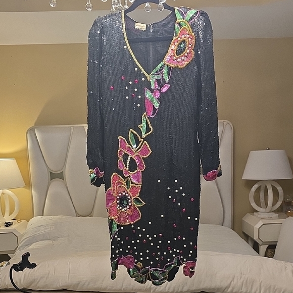 Judith Ann Silk Chic Black Sequin Dress with Floral Embellishments - Picture 1 of 16